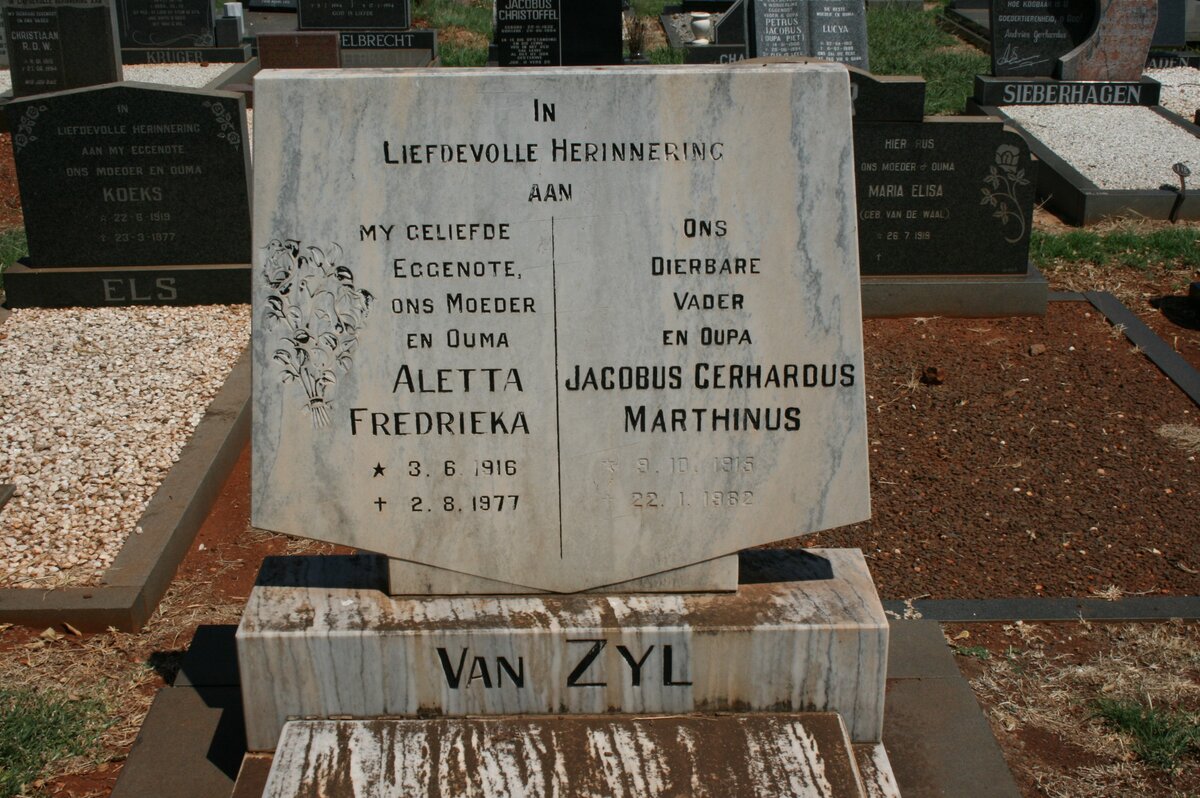 ZYL Jacobus Gerhardus Marthinus, van 1915-1988 &amp; Aletta Fredrieka 1916-1977