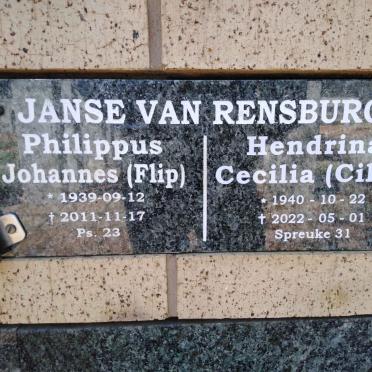 RENSBURG Philippus Johannes, Janse van 1939-2011 &amp; Hendrina Cecilia 1940-2022