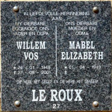 ROUX Willem Vos, le 1948-2001 &amp; Mabel Elizabeth 1949-