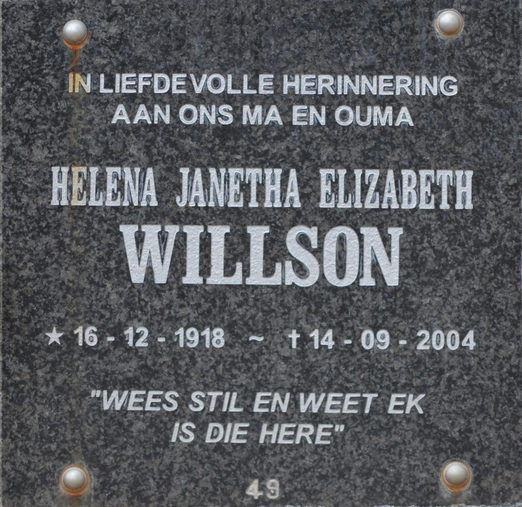 WILLSON Helena Janetha Elizabeth 1918-2004