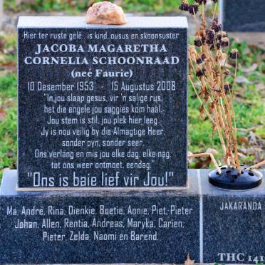 SCHOONRAAD Jacoba Magaretha Cornelia nee FOURIE 1953-2008