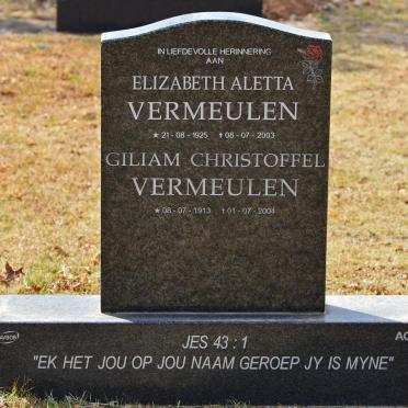 VERMEULEN Giliam Christoffel 1913-2004 &amp; Elizabeth Aletta 1925-2003