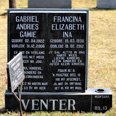 VENTER Gabriel Andries 1922-2006 &amp; Francina Elizabeth 1930-2012