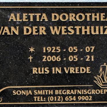 WESTHUIZEN Aletta Dorothea, van der 1925-2006