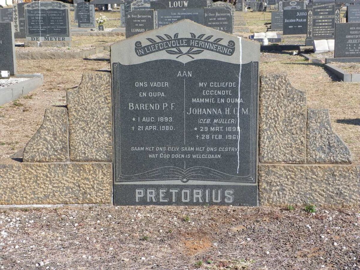 PRETORIUS Barend P.F. 1893-1980 &amp; Johanna H.C.M. Muller 1898-1961