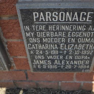 PARSONAGE James Alexander 1916-1994 &amp; Catharina Elizabeth 1911-1992