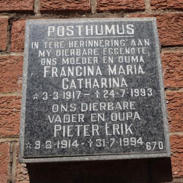 POSTHUMUS Pieter Erik 1914-1994 &amp; Francina Maria Catharina 1917-1993