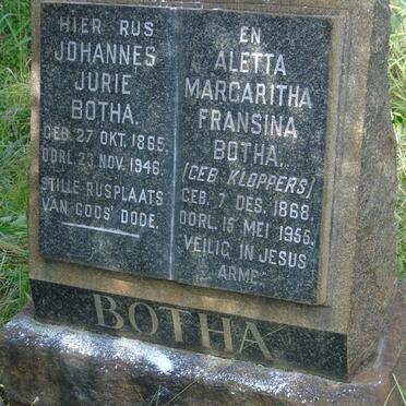 BOTHA Johannes Jurie 1865-1946 & Aletta Margaritha Frasina KLOPPERS 1868-1955