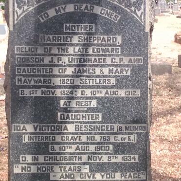 DOBSON Harriet Sheppard 1824-1912 :: BESSINGER Ida Victoria nee MUNRO 1900-1934 :: MUNRO Emma Caroline -1958