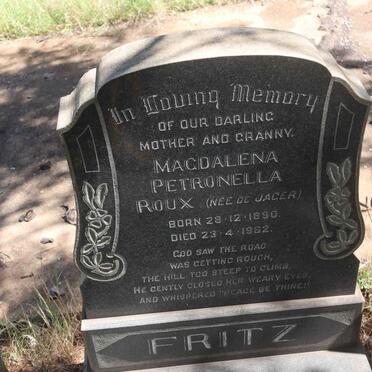 FRITZ Magdalena Petronella Roux nee DE JAGER 1890-1962