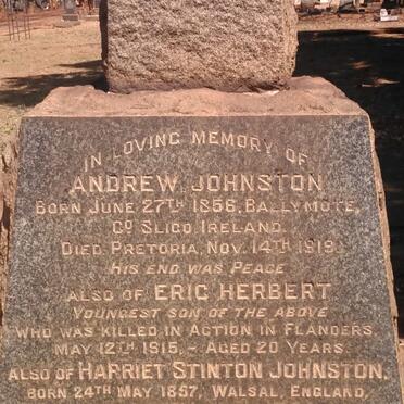 JOHNSTON Andrew 1856-1919 &amp; Harriet Stinton 1857-1924 :: JOHNSTON Eric Hebert -1915