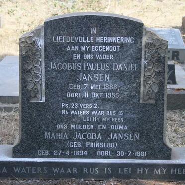 JANSEN Jacobus Paulus Daniel 1888-1955 & Maria Jacoba PRINSLOO 1894-1981