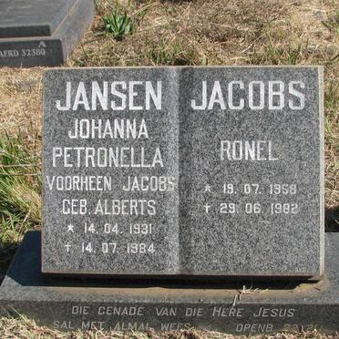 JANSEN Johanna Petronella formerly JACOBS nee ALBERTS 1931-1984 :: JACOBS Ronel 1958-1982