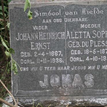 JONAS Johann Heinrich Ernst 1867-1936 & Aletta Sophia DU PLESSIS 1875-1958