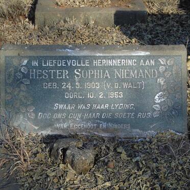 NIEMAND Hester Sophia nee V.D. WALT 1903-1953