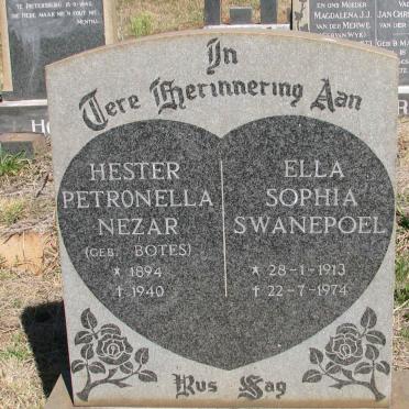 NEZAR Hester Petronella nee BOTES 1894-1940 :: SWANEPOEL Ella Sophia 1913-1974