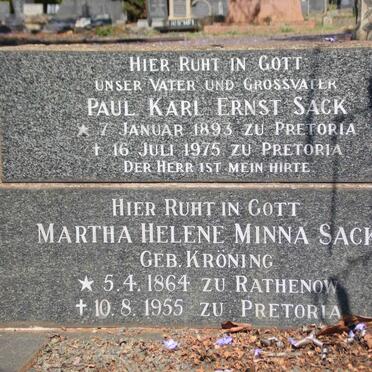 SACK Martha Helene Minna nee KRONING 1864-1955 :: SACK Paul Karl Ernst 1893-1975