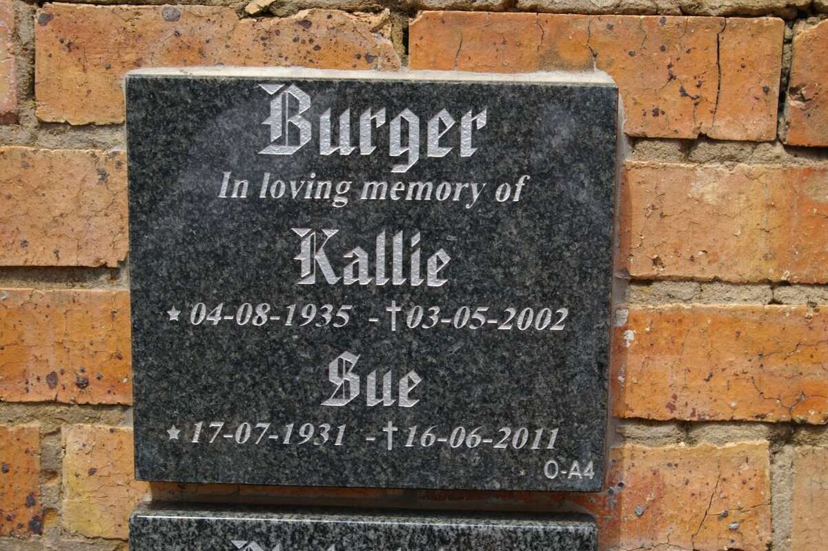 BURGER Kallie 1935-2002 &amp; Sue 1931-2011