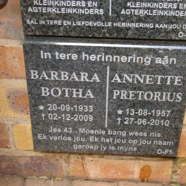 BOTHA Barbara 1933-2009 :: PRETORIUS Annette 1957-2010