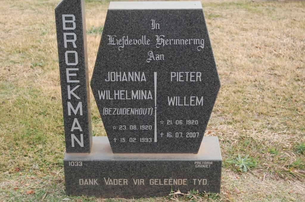 BROEKMAN Pieter Willem 1920-2007 &amp; Johanna Wilhelmina BEZUIDENHOUT 1920-1993