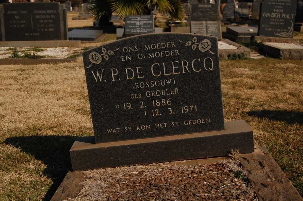 CLERCQ W.P. , de , formerly ROSSOUW, nee GROBLER 1886-1971