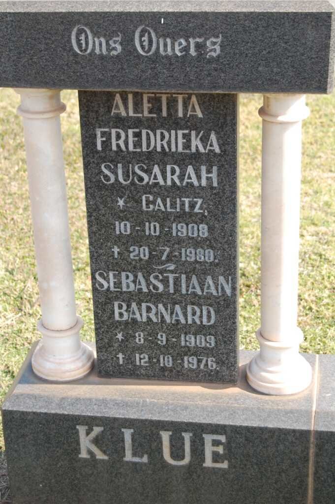 KLUE Sebastiaan Barnard 1909-1976 &amp; Aletta Frederieka Susarah CALITZ 1908-1980