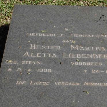 LIEBENBERG Hester Martha Aletta, formerly TOERIEN, nee STEYN 1908-1984