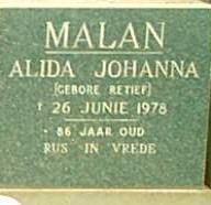 MALAN Alida Johanna nee RETIEF 1892-1978
