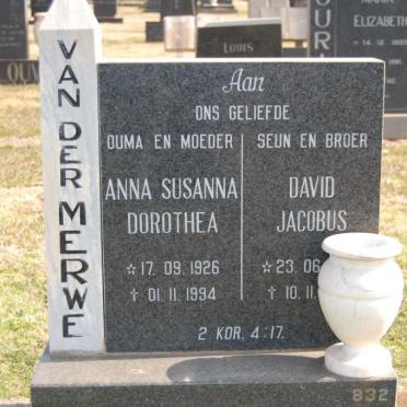 MERWE David Jacobus, van der 196?-197? :: VAN DER MERWE Anna Susanna Dorothea 1926-1994
