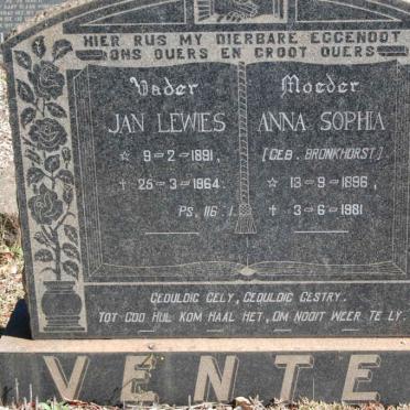 VENTER Jan Lewies 1891-1964 &amp; Anna Sophia BRONKHORST 1896-1981
