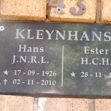 KLEYNHANS J.N.R.L. 1926-2010 &amp; H.C.H. 1928-