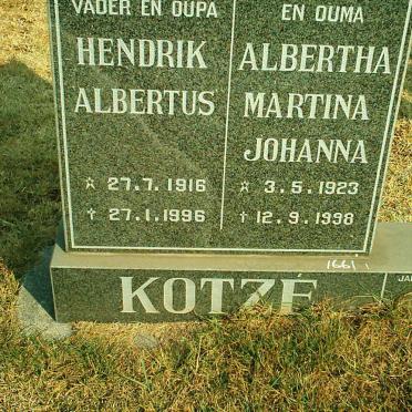 KOTZE Hendrik Albertus 1916-1996 &amp; Albertha Martina Johanna 1923-1998