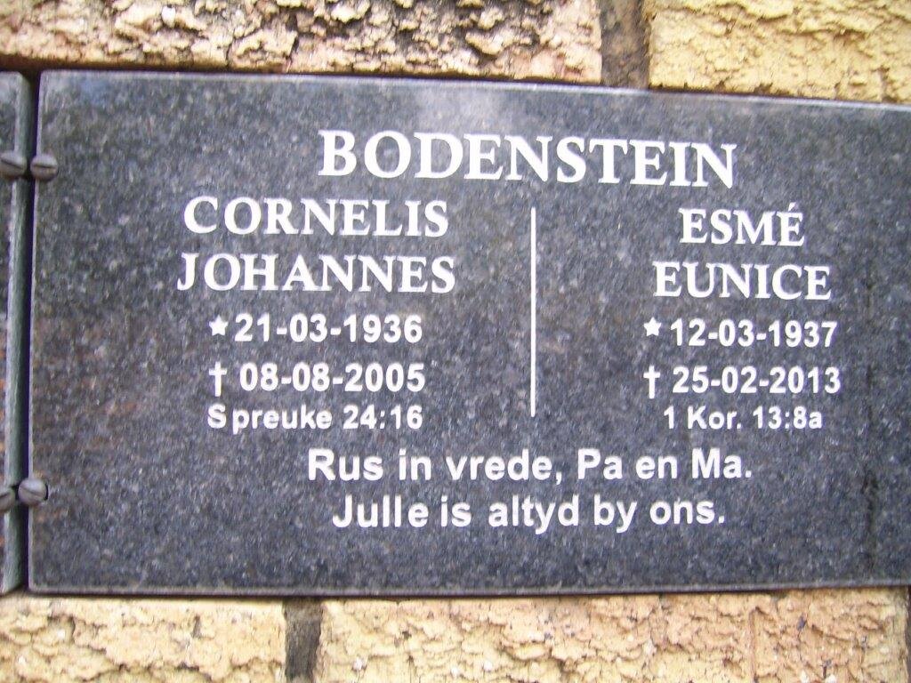 BODENSTEIN Cornelis Johannes 1936-2005 &amp; Esme Eunice 1937-2013