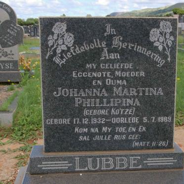 LUBBE Johanna Martina Phillipina nee KOTZE 1932-1989