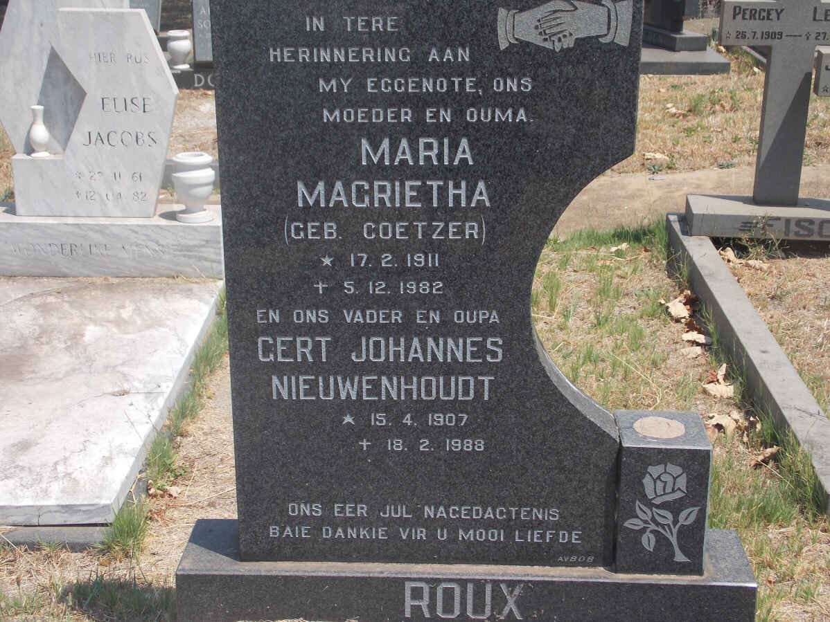 ROUX Gert Johannes Nieuwenhoudt 1907-1988 &amp; Maria Magrietha COETZER 1911-1982