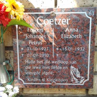 COETZER Folkers Johannes Petrus 1927-2010 &amp; Anna Elizabeth 1932-