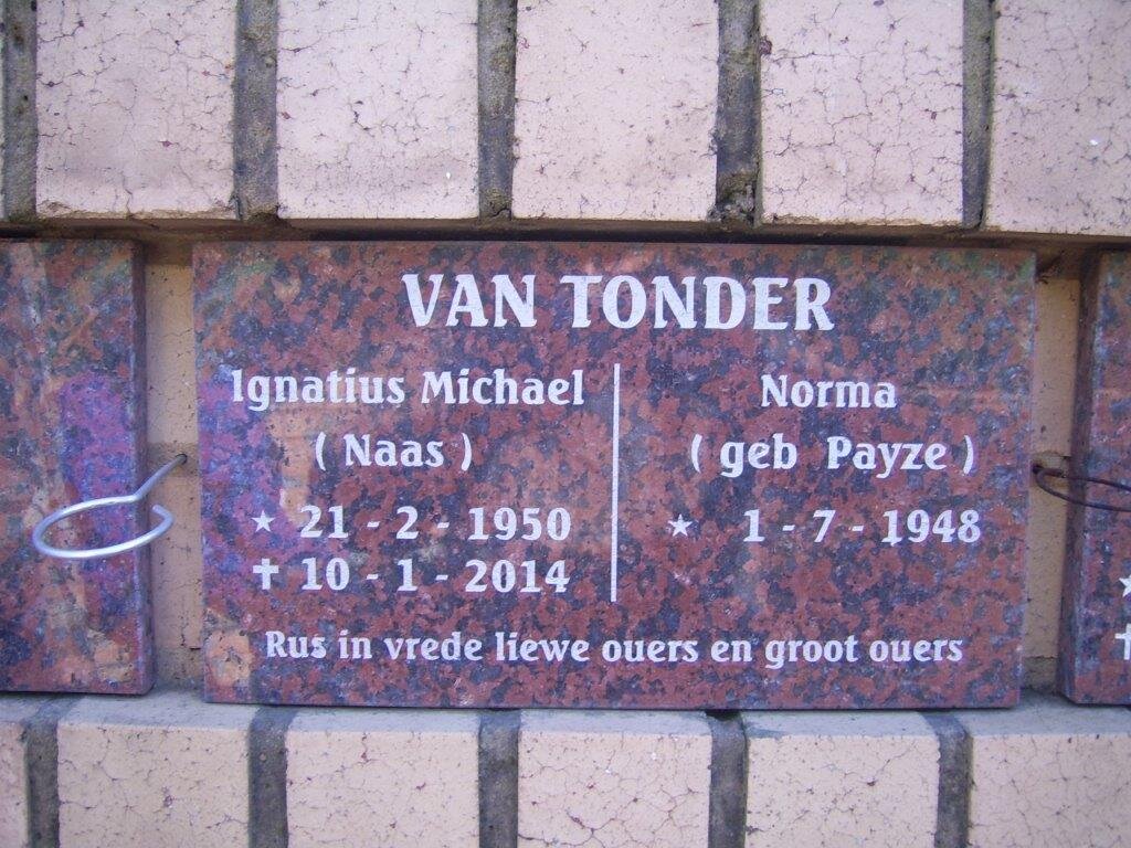 TONDER Ignatius Michael, van 1950-2014 &amp; Norma PAYZE 1948-