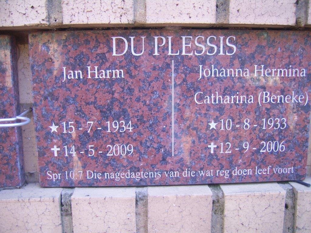 PLESSIS Jan Harm, du 1934-2009 &amp; Johanna Hermina Catharina BENEKE 1933-2006