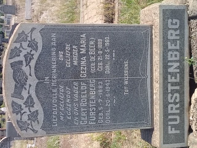 FURSTENBERG Gert Roelof 1883-1943 &amp; Gezina Maria DE BEER 1889-1960