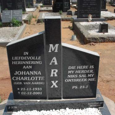 MARX Johanna Charlotte nee VAN AARDE 1933-2001