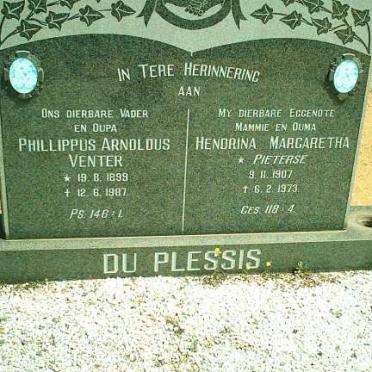 PLESSIS Phillippus Arnoldus Venter, du 1899-1987 &amp; Hendrina Margaretha PIETERSE 1907-1973