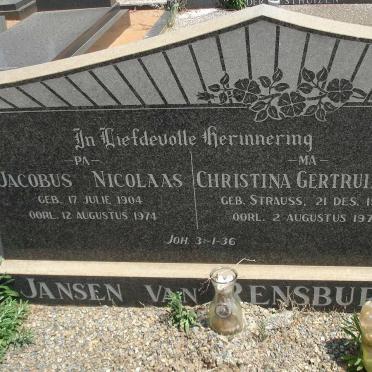 RENSBURG Jacobus Nicolaas, Jansen van 1904-1974 &amp; Christina Gertruida S. STRAUSS 1906-1974