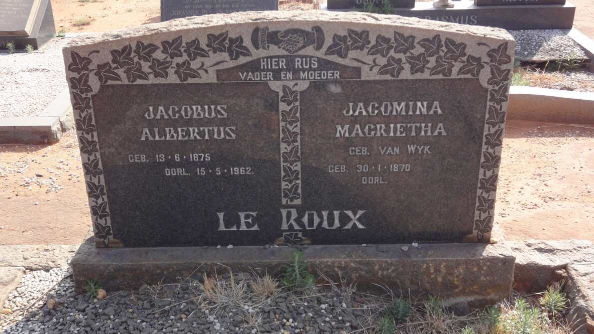 ROUX Jacobus Albertus, le 1875-1962 &amp; Jacomina Magrietha VAN WYK 1870-