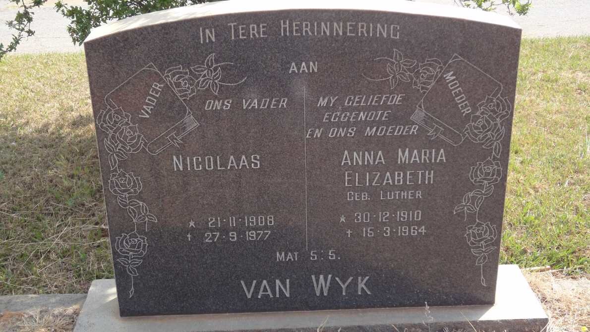 WYK Nicolaas, van 1908-1977 &amp; Anna Maria Elizabeth LUTHER 1910-1964