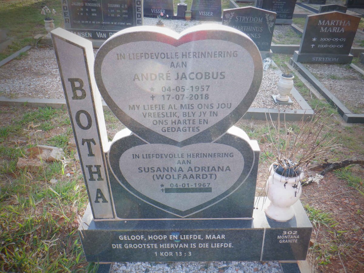 BOTHA Andre Jacobus 1957-2018 &amp; Susanna Adriana WOLFAARDT 1967-