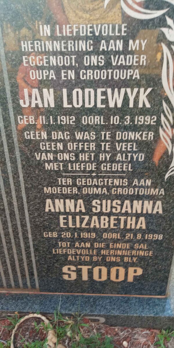 STOOP Jan Lodewyk 1912-1992 &amp; Anna Susanna Elizabetha 1919-1998
