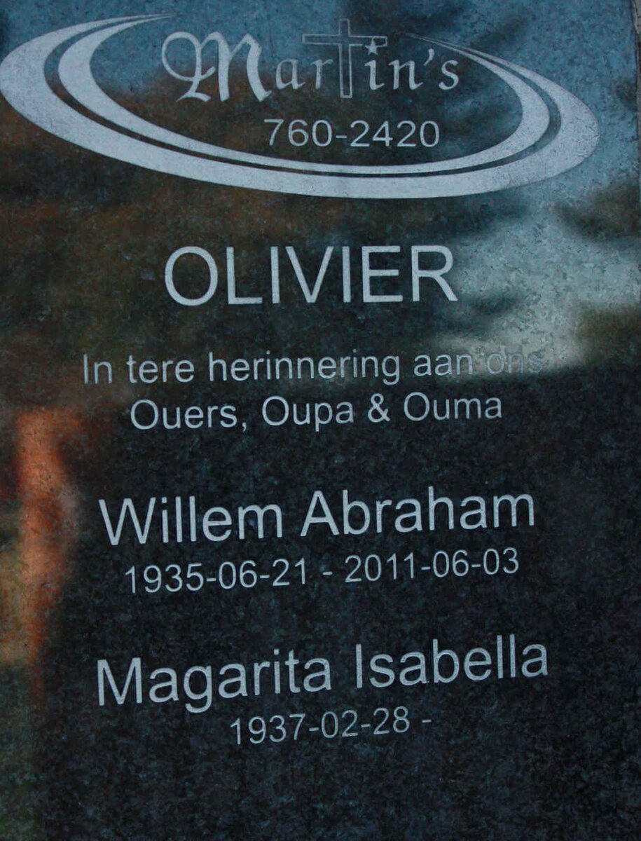 OLIVIER Willem Abraham 1935-2011 &amp; Magarita Isabella 1937-