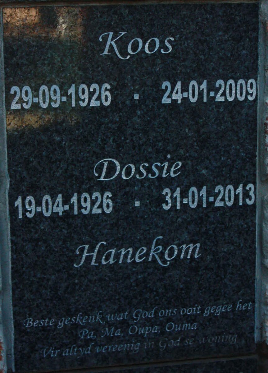 HANEKOM Koos 1926-2009 &amp; Dossie 1926-2013