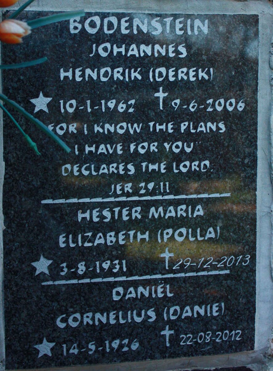 BODENSTEIN Daniel Cornelius 1926-2012 &amp; Hester Maria Elizabeth 1931-2013