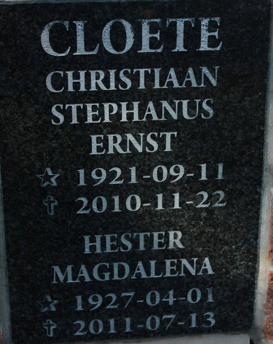 CLOETE Christiaan Stephanus Ernst 1921-2010 &amp; Hester Magdalena 1927-2011
